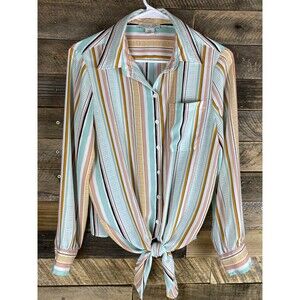 Rachel Zoe Women's  Sz M Long Sleeve Tie Front Button Down Striped Top